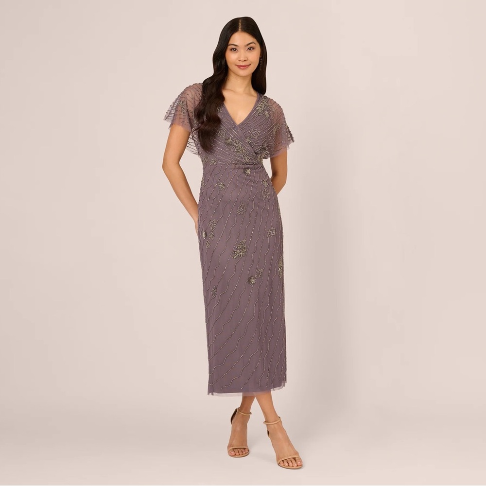 Adrianna Papell Lavender Purple Beaded Midi Dress